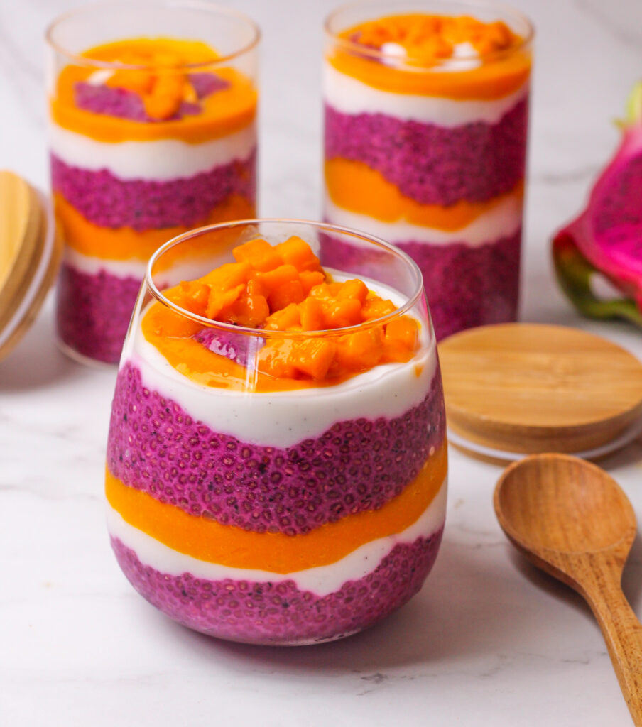 Showcasing the layers of the chia pudding and the vibrant layers